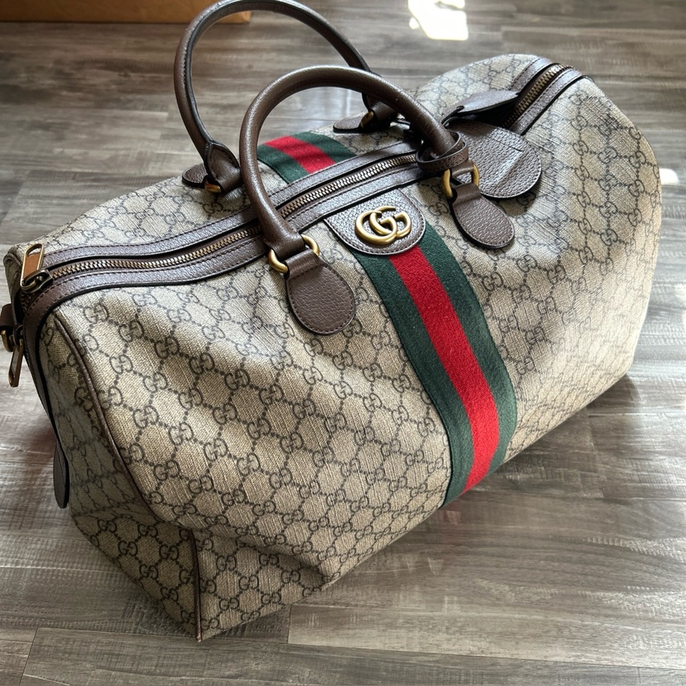 Gucci Beige GG Supreme Canvas Duffle with Green and Red Web Stripe